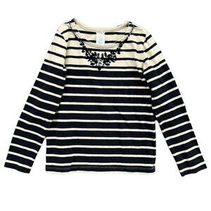 Crewcuts Jeweled Collar Top Girls Navy Cream Striped Long Sleeve V Neck Size 6-7